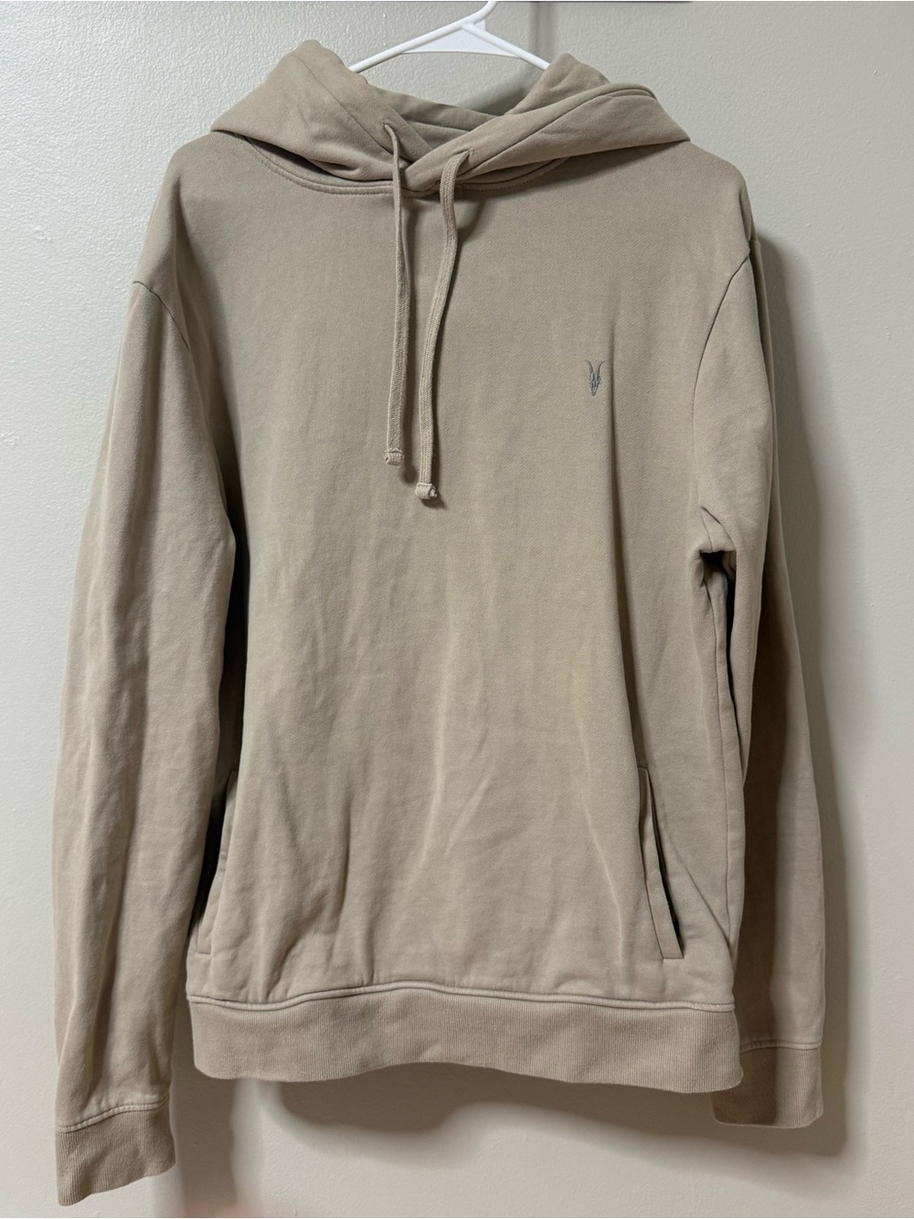 Allsaints Raven OTH Pullover Hoodie Men Beige Tan Warm Relaxed Cotton Ramskull